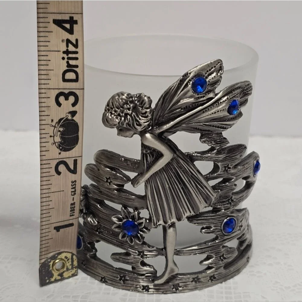Vintage Silver Metal Fairy Elf Blue Rhinestones Celestial Votive Candle Holder
